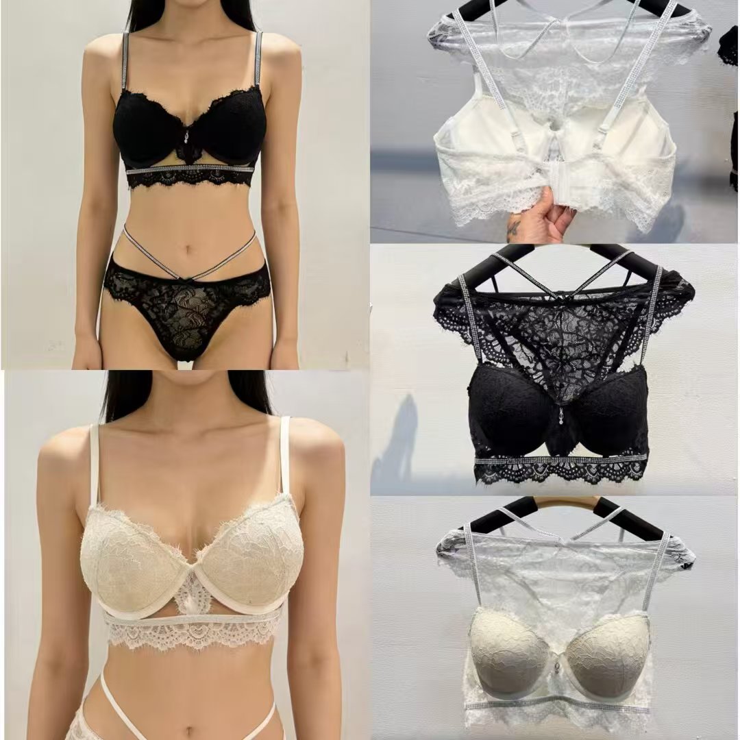 Lace Bralette Set - Seksowny koronkowy zestaw biustonosza z dżetami,